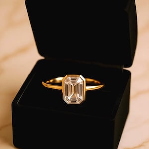 3CT Emerald Cut Moissanite Ring: 14K Gold Bezel Set Engagement Ring