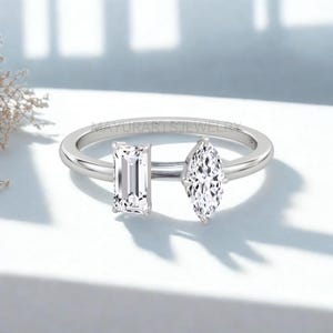 Toi Et Moi Emreald Cut Moissanite Engagement Ring, Promise Ring, Two-Stone Birthstone Statement Ring Gift, Solid Gold Ring Marquise Cut Ring
