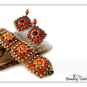 May include: A beaded jewelry set featuring a bracelet and matching earrings. The bracelet and earrings are adorned with orange, teal, and silver beads. The earrings are square-shaped, and the bracelet is wide. The jewelry is set against a white background.