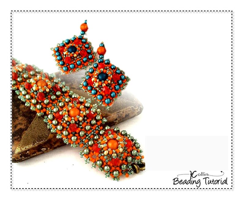 May include: A beaded jewelry set featuring a bracelet and matching earrings. The bracelet and earrings are adorned with orange, teal, and silver beads. The earrings are square-shaped, and the bracelet is wide. The jewelry is set against a white background.