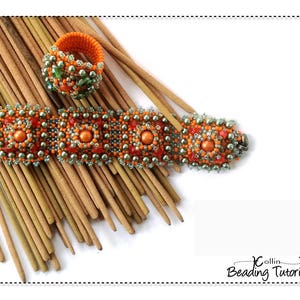 May include: An orange beaded bracelet and ring set with a floral design. The bracelet features large orange beads surrounded by smaller silver and orange beads. The ring has a similar design. The jewelry is displayed on a bed of brown sticks. The text "Collin Beading Tutorial" is in the bottom right corner.