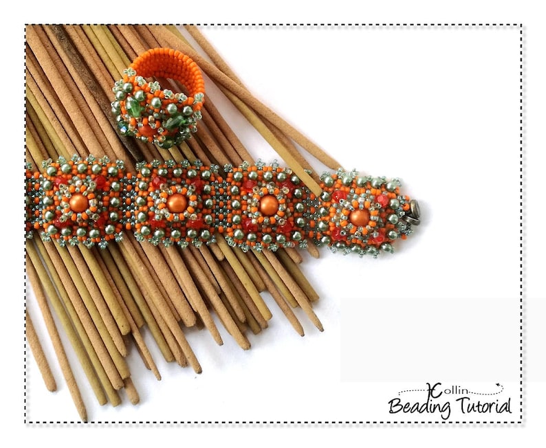 May include: An orange beaded bracelet and ring set with a floral design. The bracelet features large orange beads surrounded by smaller silver and orange beads. The ring has a similar design. The jewelry is displayed on a bed of brown sticks. The text "Collin Beading Tutorial" is in the bottom right corner.