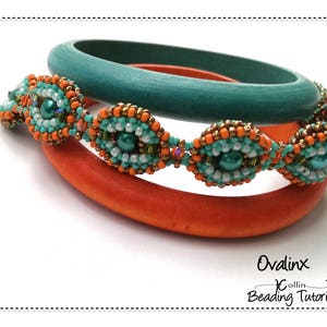 May include: A beaded bracelet with turquoise and orange beads, wrapped around two wooden bangles, one teal and one orange. The bracelet features a repeating pattern of oval-shaped beads. The image includes the text "Ovalinx Collin Beading Tutorial".