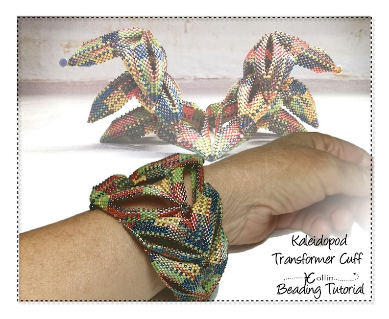 Peut inclure: Un bracelet en perles color&eacute; avec un motif g&eacute;om&eacute;trique. Le bracelet est r&eacute;alis&eacute; avec un motif kal&eacute;idoscope et s'appelle "Transformer Cuff". L'image comprend le texte "Kaleidopod Transformer Cuff Collin Beading Tutorial".