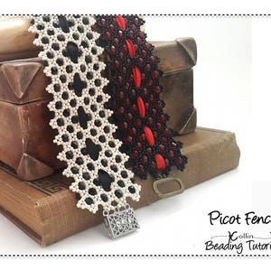 May include: Two beaded bracelets, one black and red, the other white and black, with a silver clasp. The bracelets are on top of old books. The text "Picot Fence Collin Beading Tutorial" is on the bottom right corner of the image.