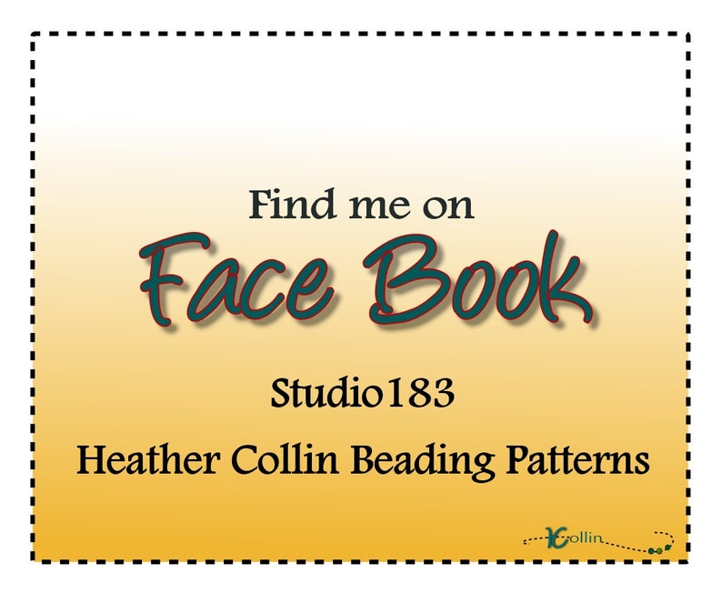 Op de afbeelding: Een gele en oranje verloopachtergrond met de tekst "Find me on Face Book Studio 183 Heather Collin Beading Patterns" in zwarte tekst.