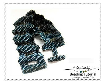 Wide undulating Peyote Stitch Rippled Cuff Beading Pattern, Beaded Toggle Closure Cuff Beading Tutorial - ARMADILLO