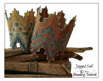 Wide Geometric ZigZag Edged Cuff Beading Pattern, Geometric Peyote Stitch Beading Tutorial - JAGGED CUFF