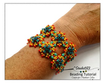 Right Angle Weave Beading Pattern, RAW Cuff with Linked and Embellished Squares, Easy Beading Pattern, Beading Tutorial - KUBELLI CUFF