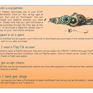 May include: Image with text about Etsy digital purchases, including how to find patterns, guest checkout, PayPal account details, returns policy, and teaching design permissions. A beaded bracelet is shown in the upper right corner.