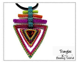 Open Triangle Frame Pendant with Bezelled Rivoli Beading Pattern, Rolled Edge,  Peyote Stitch Pendant Pattern, Beading Tutorial - TRANGLES