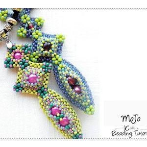 May include: A close-up of a beaded necklace featuring a green, blue and purple colour scheme. The necklace incorporates a variety of beads, including round, square and rectangular beads. The necklace is crafted using a range of beading techniques, including peyote stitch and right angle weave. The necklace is finished with a lobster clasp. The image also includes the text "Mojo Collin Beading Tutorial".