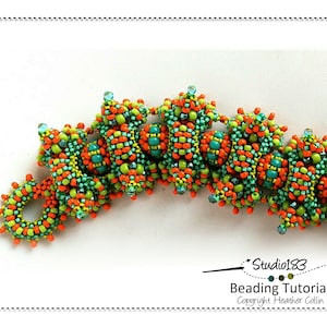 May include: A close-up of a beaded bracelet with a repeating pattern of green, orange, and turquoise beads. The bracelet is made with small seed beads and has a unique, intricate design. The text "Studio183 Beading Tutorial Copyright Heather Collin" is visible in the lower right corner of the image.