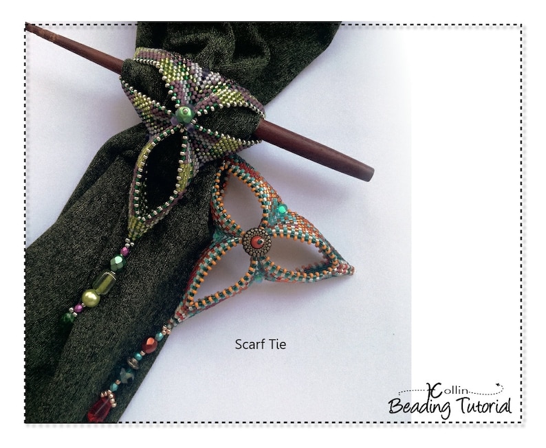 Peut inclure: Deux cravates &agrave; nouer en perles de couleur verte, marron et dor&eacute;e. Les cravates sont en forme de tr&egrave;fle &agrave; quatre feuilles et ont un &eacute;l&eacute;ment central d&eacute;coratif. Le texte "Scarf Tie" est visible sous les cravates.