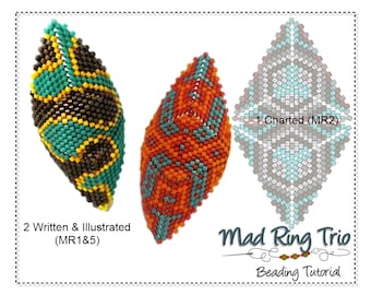 Peyote Stitch, 3-in-1 Tribal Ring Patterns, 2 Step-by-Step & 1 Charted Beading Tutorial,  MAD RING TRIO