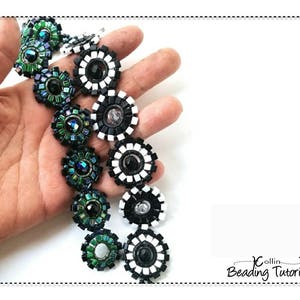 May include: A beaded necklace with alternating black and white circular beads and green and black circular beads.