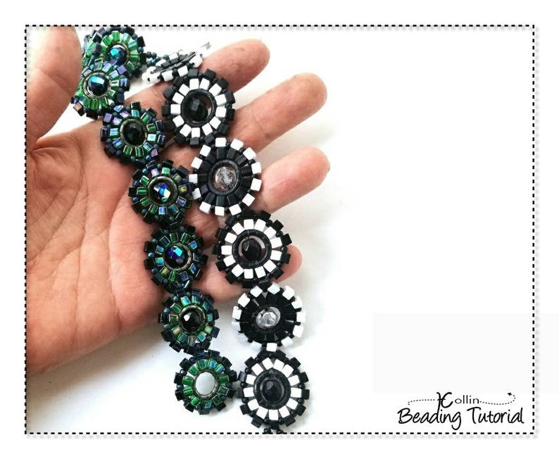 May include: A beaded necklace with alternating black and white circular beads and green and black circular beads.