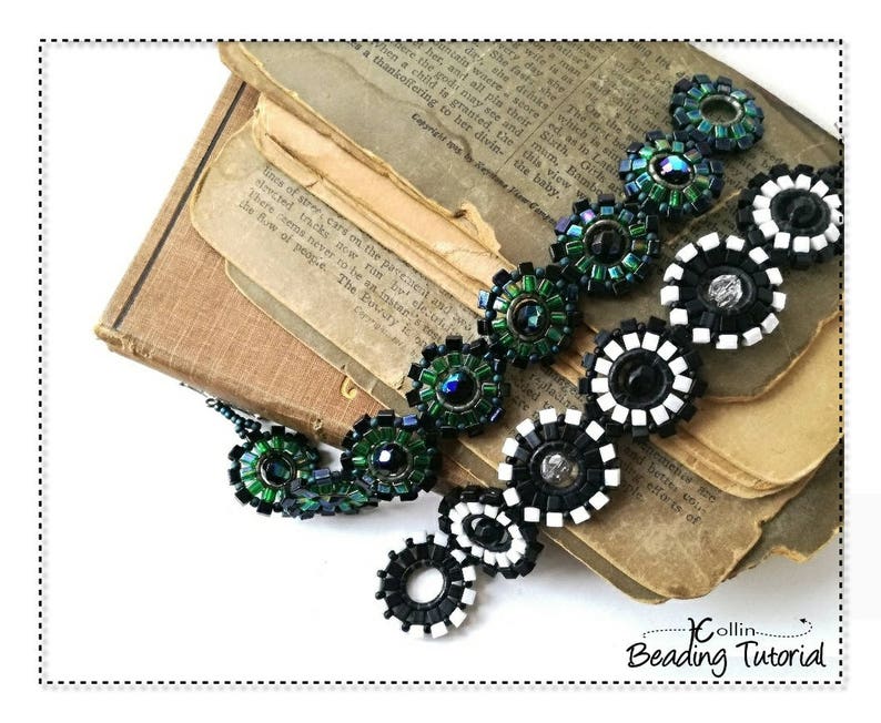 May include: A black and green beaded necklace with a geometric design. The necklace is made of small, round beads that are arranged in a pattern of circles and squares. The necklace is lying on top of a stack of old books.