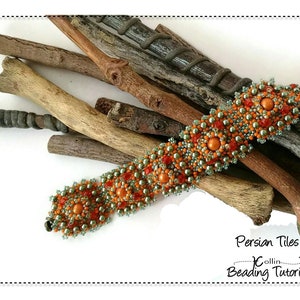May include: A beaded bracelet with a Persian tile design. The bracelet features orange, red, and silver beads, with larger orange beads as focal points. The text "Persian Tiles" and "Collin Beading Tutorial" are visible.