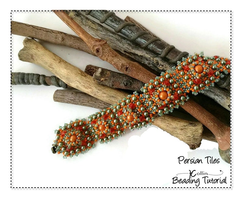 May include: A beaded bracelet with a Persian tile design. The bracelet features orange, red, and silver beads, with larger orange beads as focal points. The text "Persian Tiles" and "Collin Beading Tutorial" are visible.