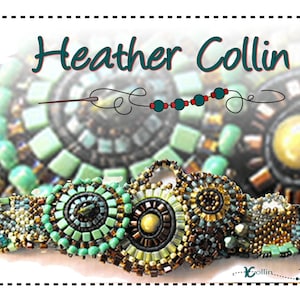 May include: A close-up of a beaded bracelet with a green, brown, and gold color scheme. The bracelet features a series of circular bead clusters, creating a unique and intricate design. The bracelet is made by Heather Collin.