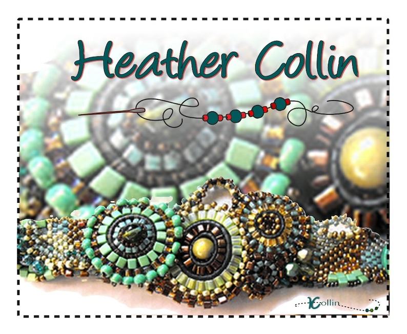 May include: A close-up of a beaded bracelet with a green, brown, and gold color scheme. The bracelet features a series of circular bead clusters, creating a unique and intricate design. The bracelet is made by Heather Collin.