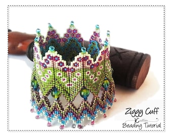 Beading Pattern, Geometric Peyote stitch, Rick Rack, Double walled cuff, MRAW Beading Instructions, seedbead Jewelry Tutorial, ZIGGYCUFF