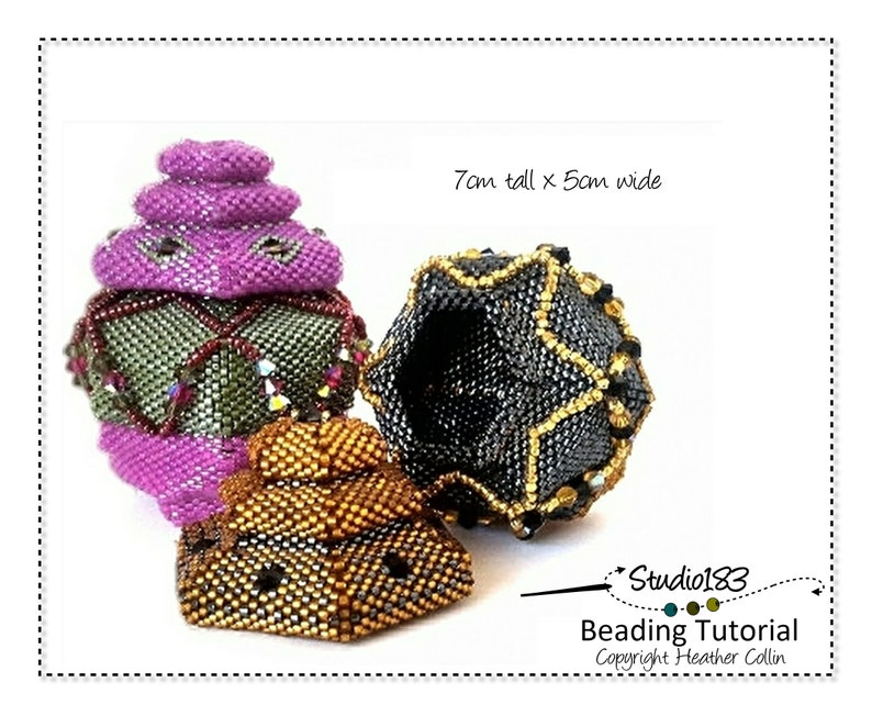 May include: Three beaded ornaments in different colors and patterns. The largest ornament is purple and green, the middle ornament is black and gold, and the smallest ornament is gold and black. The ornaments are 7cm tall and 5cm wide. Studio183 Beading Tutorial. Copyright Heather Collin.