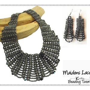 May include: A handmade beaded necklace and matching earrings set. The jewelry is dark gray with a delicate, openwork design. The necklace is draped over a wooden form. The earrings are long and rectangular. The text "Maidens Lace Beading Tutorial" is visible.