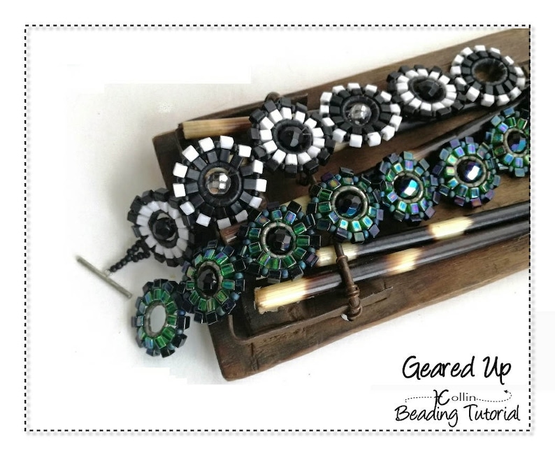 May include: Black and white beaded jewelry with green beaded jewelry on a wooden surface. The jewelry is in the shape of a flower. The text "Geared Up Collin Beading Tutorial" is visible in the image.