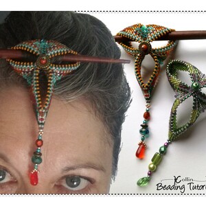 Peut inclure: Deux b&acirc;tonnets &agrave; cheveux perl&eacute;s avec des perles pendantes. Les b&acirc;tonnets sont faits de perles color&eacute;es dans des tons de vert, orange, rouge et marron. Les b&acirc;tonnets sont pr&eacute;sent&eacute;s sur un fond blanc. Le texte "Collin Beading Tutorial" est visible dans le coin inf&eacute;rieur droit de l'image.