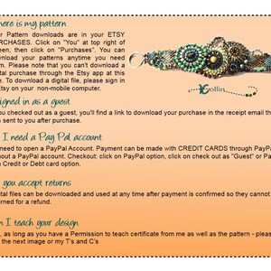 Peut inclure: Un bracelet en perles avec un motif turquoise et or. Le bracelet est fait de petites perles rondes et pr&eacute;sente un design unique et complexe. Le texte "Where is my pattern?" est visible sur l'image. Le texte "I signed in as a guest" est &eacute;galement visible sur l'image. Le texte "Do I need a Pay Pal account?" est &eacute;galement visible sur l'image. Le texte "Do you accept returns?" est &eacute;galement visible sur l'image. Le texte "Can I teach your design?" est &eacute;galement visible sur l'image.