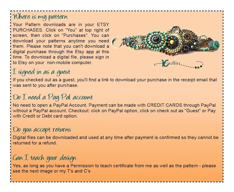 Peut inclure: Un bracelet en perles avec un motif turquoise et or. Le bracelet est fait de petites perles rondes et pr&eacute;sente un design unique et complexe. Le texte "Where is my pattern?" est visible sur l'image. Le texte "I signed in as a guest" est &eacute;galement visible sur l'image. Le texte "Do I need a Pay Pal account?" est &eacute;galement visible sur l'image. Le texte "Do you accept returns?" est &eacute;galement visible sur l'image. Le texte "Can I teach your design?" est &eacute;galement visible sur l'image.