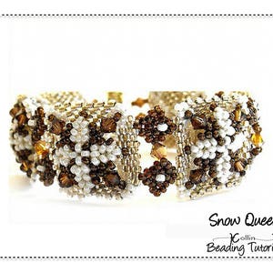 May include: A beaded bracelet with a geometric pattern in shades of brown, white, and gold. The bracelet is called "Snow Queen" and is a beading tutorial by Collin.