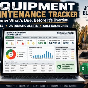May include: A laptop displaying the Equipment Maintenance Tracker software, featuring a dashboard with maintenance status, costs, and service history. The screen shows text including Blue Collar Digital, Command Center, and various data metrics.