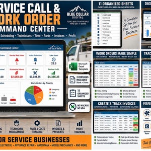 May include: A digital service call and work order command center workbook displayed on a laptop screen, featuring dashboards for customer tracking, scheduling, technician management, parts and costs, invoices, and profit tracking for service businesses.