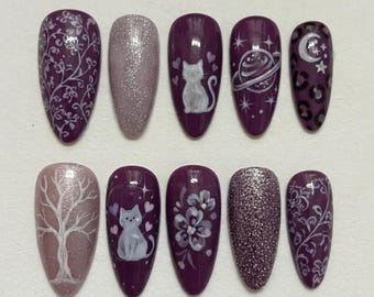 Purple Witchy Cat Press On Nails | White Cat Planet Saturn Moon Tree Floral Glitter Dark Celestial Fake Nails