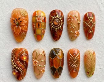 Handmade Press On Nails | Sunset Desert Festival | 3D Tiger Lily, Celestial Sun & Amber Tortoiseshell Design