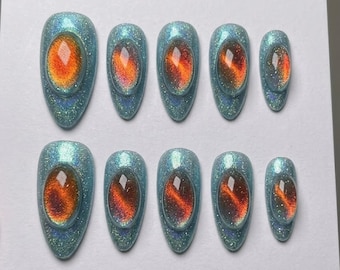 Ręcznie robione zdobienia paznokci | Estetyka niebiańskiego oka smoka | Trójwymiarowa sztuka mgławicy z kocim okiem i brokatem