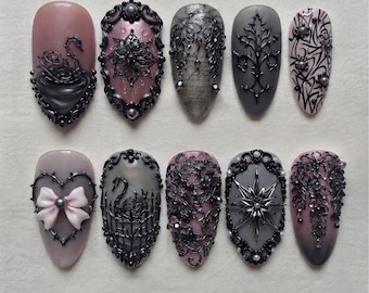Dark Swan Gothic Press on Nails | Custom Luxury Fake Nails | 3D Vintage Frame Thorn Ribbon Coquette Goth Nails