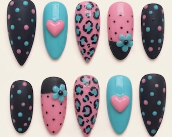 Cute Y2K Leopard Print Press On Nails | 3D Pink Heart Flower Turquoise Black Polka Dot Scene Fake Nails
