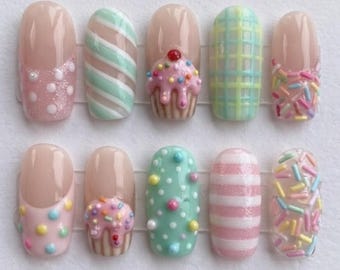 Cute Kawaii Cupcake Dessert Press On Nails | 3D Ice Cream Sprinkles Pastel Stripe French Tip Fake Nails