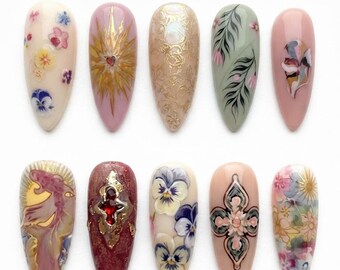 Handmade Press On Nails | Vintage Renaissance Floral & Sacred Heart | Hand Painted Pansies, Antique Gold Cross Nails Set