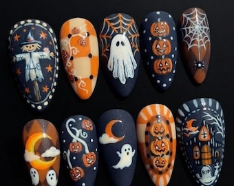 Vintage Spooky Halloween Press On Nails | Ghost Pumpkin Scarecrow Haunted House Spider Web Crescent Moon Fake Nails