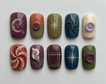 Vintage Cottagecore Press On Nails | 3D Button Calla Lily Crescent Moon Starburst Plaid Swirl Short Fake Nails