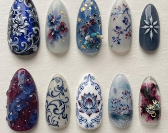 Vintage Blue White Porcelain Press On Nails | 3D Lotus Dragonfly Watercolor Floral Ink Fake Nails