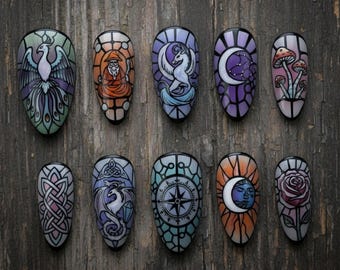 Stained Glass Press On Nails | Gothic Fantasy Dragon Moon Sun Handmade Fake Nails | Celestial Nail Art Set