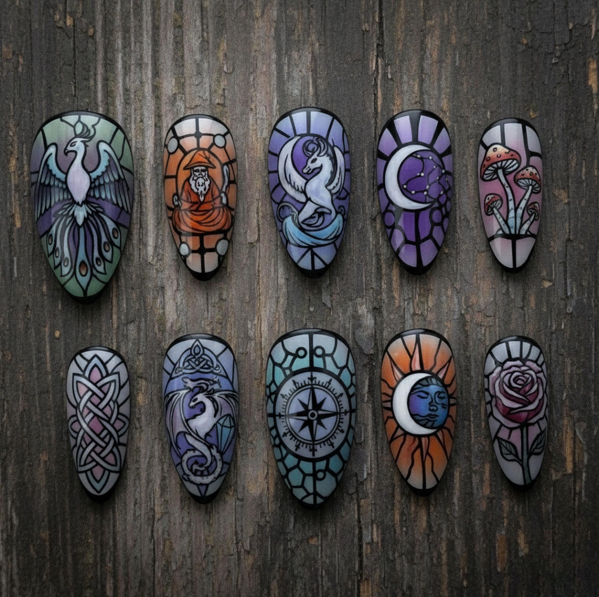 Stained Glass Press on Nails | Gothic Fantasy Dragon Moon Sun