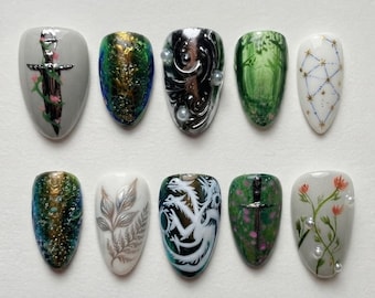 Fantasy Dragon Sword Press On Nails | 3D Silver Dagger Enchanted Forest Constellation Pearl Fake Nails