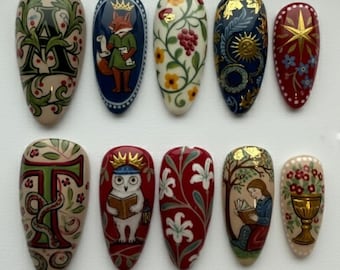 Handmade Medieval Fairytale Nails | Painted Fox, Owl & Royal Ornament Press On